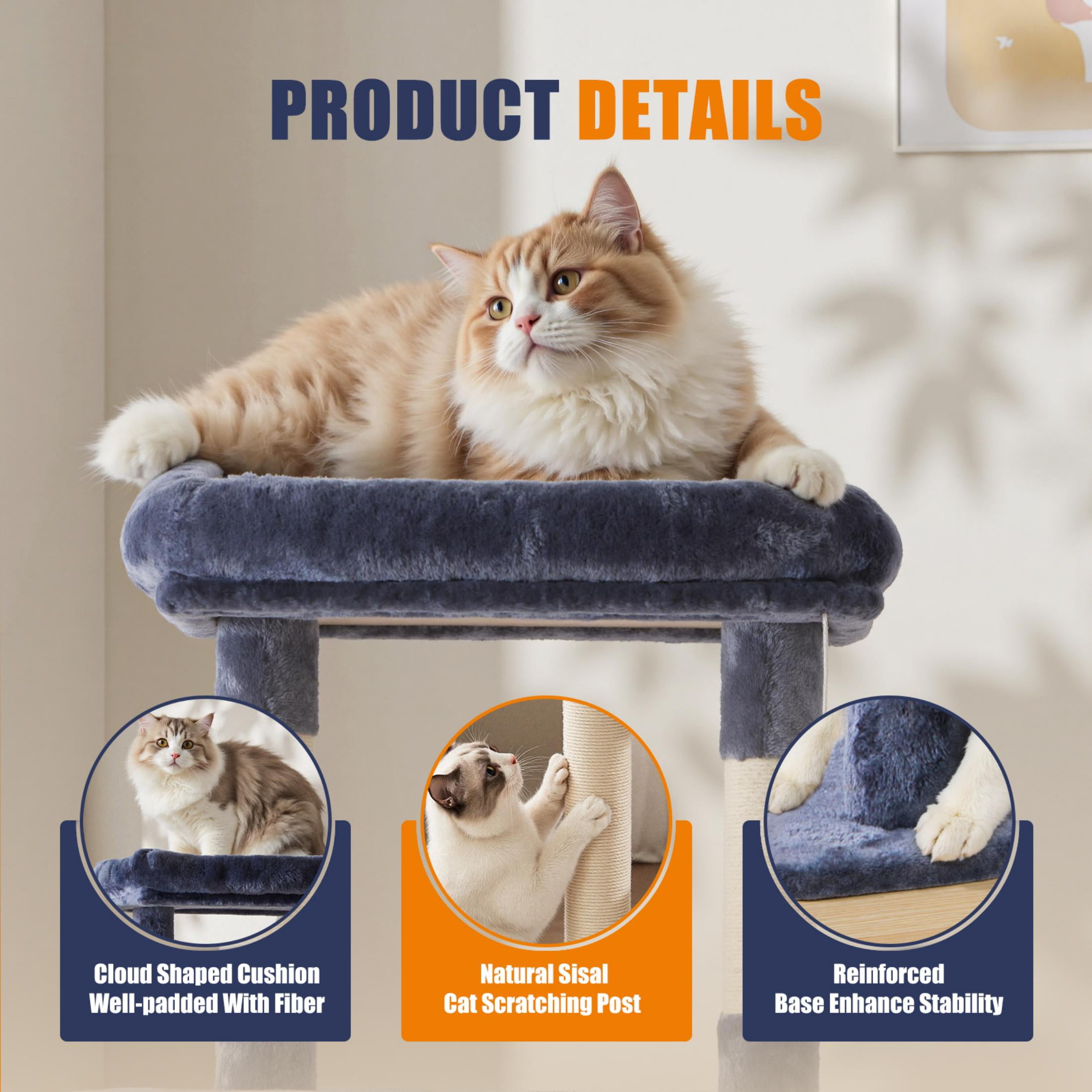 EDX 63" Cat Tree Tower for Indoor Cats, Multi-Level Durable Cat Climbing Tower, Large Pet House with Natural Sisal Scratching Post, Cozy Condo, Extended Platform, Kitten Toy and Hammock, Dark Blue
