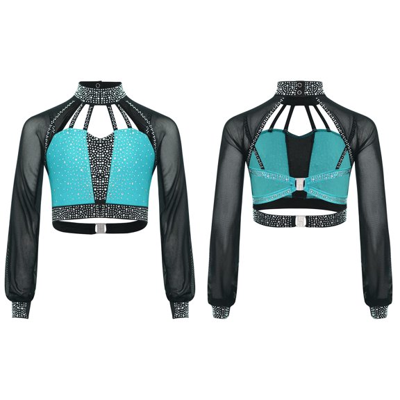 iixpin Kids Girls Shiny Yoga Sports Workout Modern Ballet Crop Top Rhinestones Jazz Dance Tank Cami Vest Blue Green 6