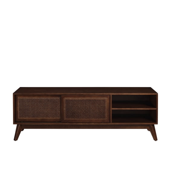 59 Inch Mid Century Modern Rattan TV Stand for 65 Inch TV, Entertainment Cabinet, Media Console for Living Room Media Room, Solid Wood Feet & Rattan Cabinet Doors - Dark Wood