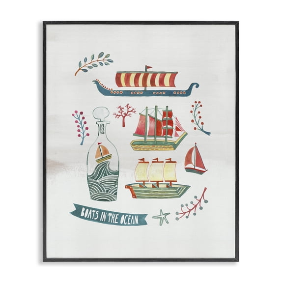 Stupell Industries Tropical Nautical Boats & Botanicals Black Framed Giclee Art, 11 x 14, by Irene Chan