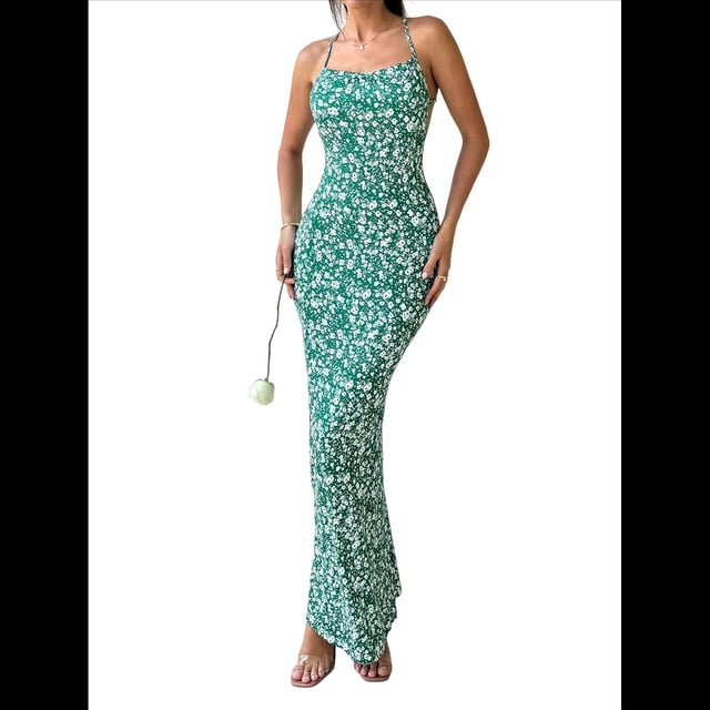 Vestido Maxi Floral de Verano para Mujer, Escote Cuadrado, Fruncida, Ajustado, Vestido Formal para Invitadas de Boda. Verde M