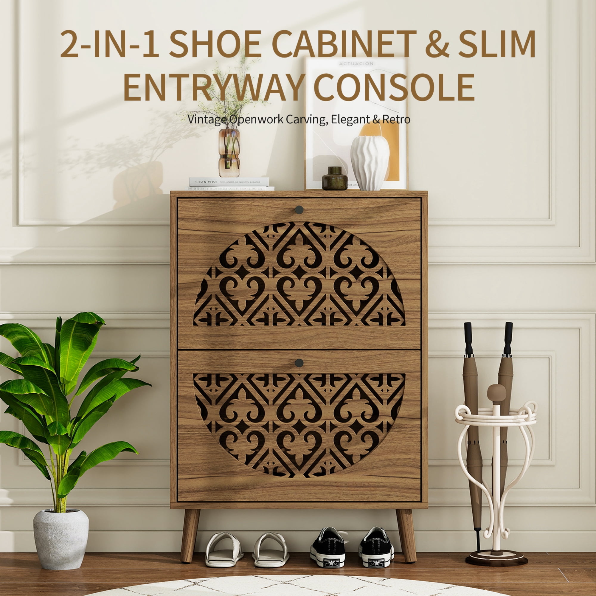 Leumius Narrow Shoe Cabinet with 2 Flip Drawers, Carved Floral Pattern Wooden Shoe Storage Organizer, Freestanding Hidden Shoe Rack for Entryway Hallway Living Room Walnut