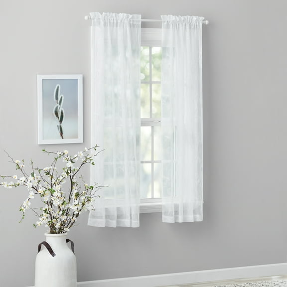 Mainstays Embroidered Scroll Rod Pocket Sheer Curtain Panel, White, 38" x 63"