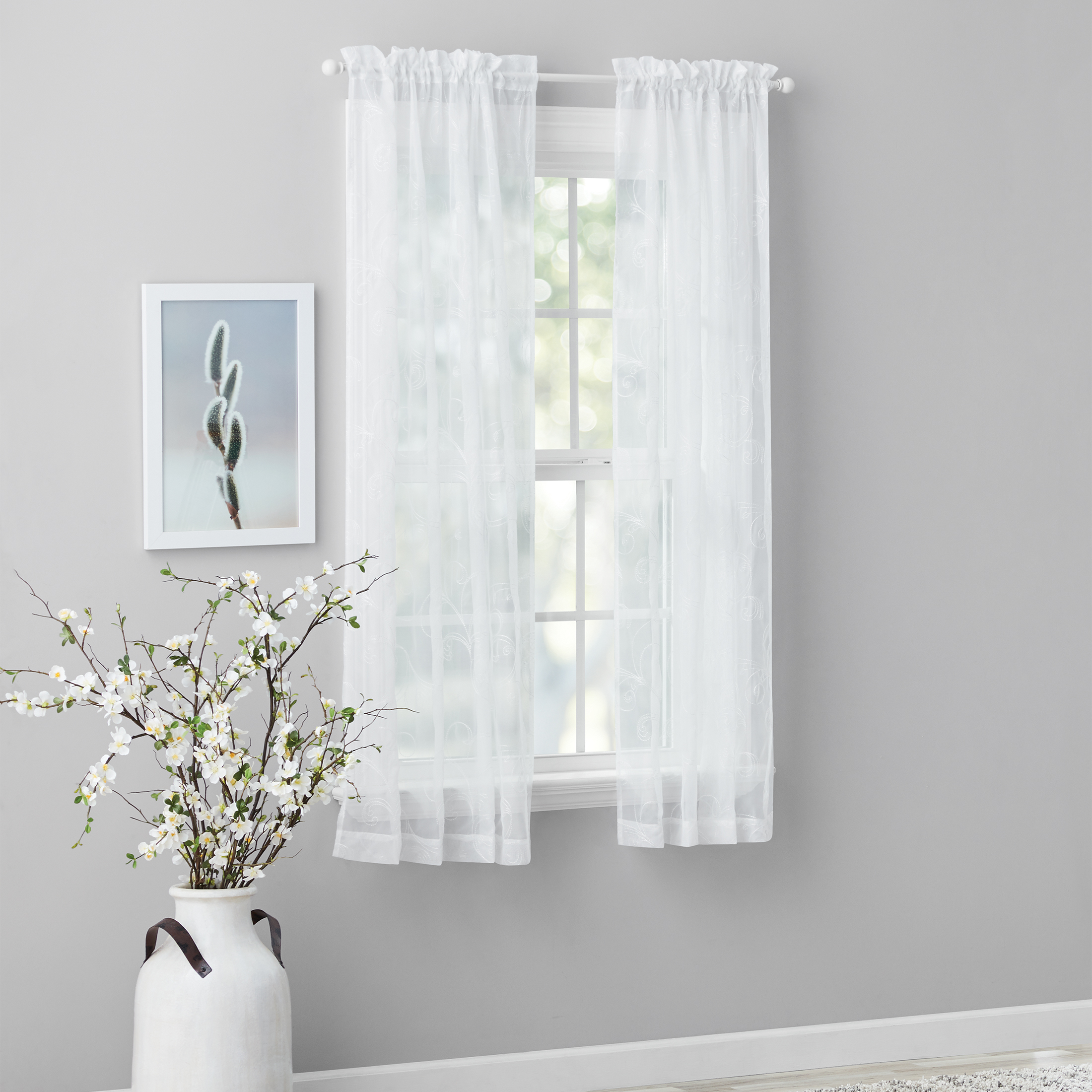 Mainstays Embroidered Scroll Sheer Curtain Panel, White, 38 x 63