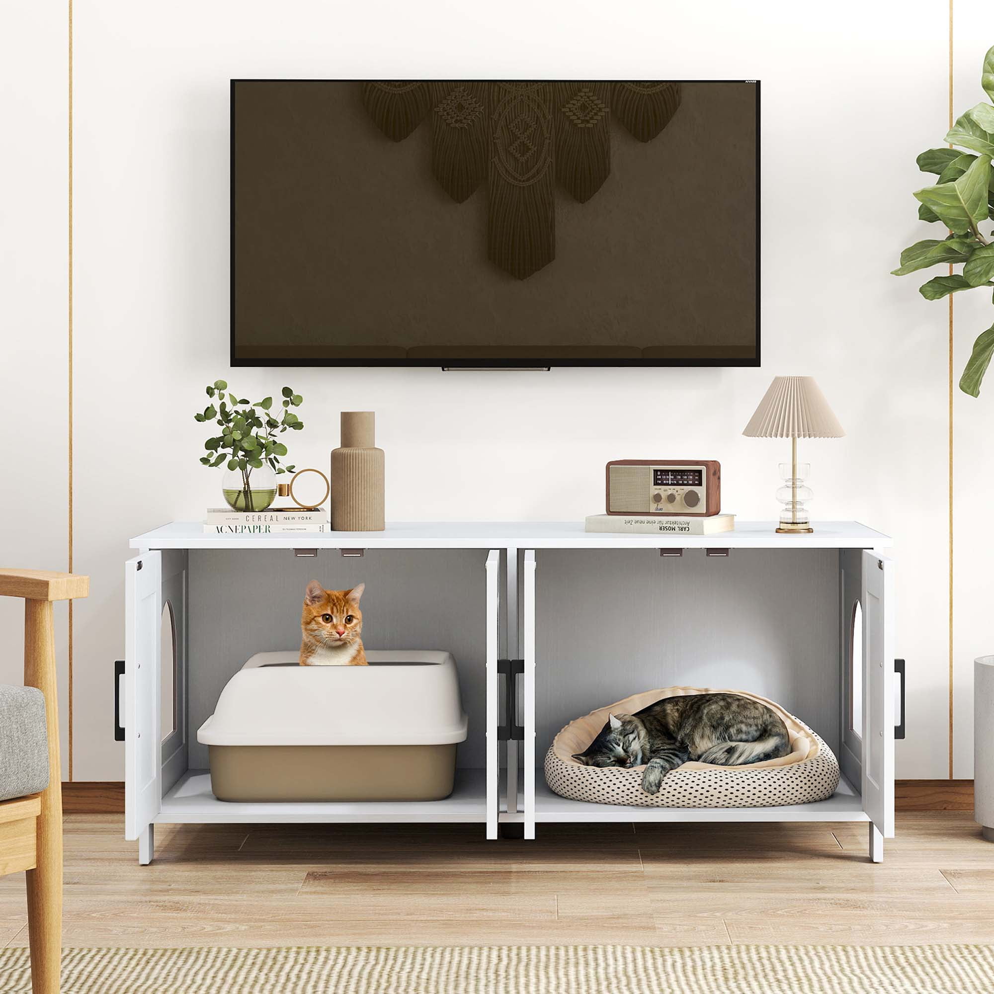 Gymax Cat Litter Box Enclosure for 2 Cats w/ Double Rooms Wooden Cat Washroom Cabinet White