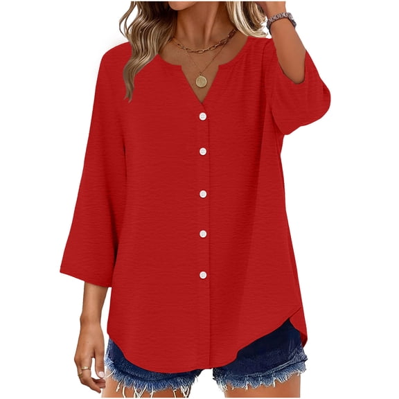 Qiopertar Women's V-Neck Button-Up Blouse 3/4 Sleeve Casual Cardigan Top Solid Color Loose Fit Comfy Shirt for Summer, Red M