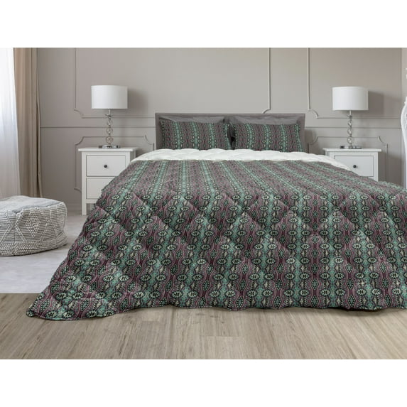 Vintage Comforter & Sham Bedding Set, Victorian Curls and Swirls with Geometric Rhombus Ornamental Illustration, 3 pcs Duvet Set Microfiber Filling Quilt, 5 Sizes, Sea Green Dried Rose, by Ambesonne