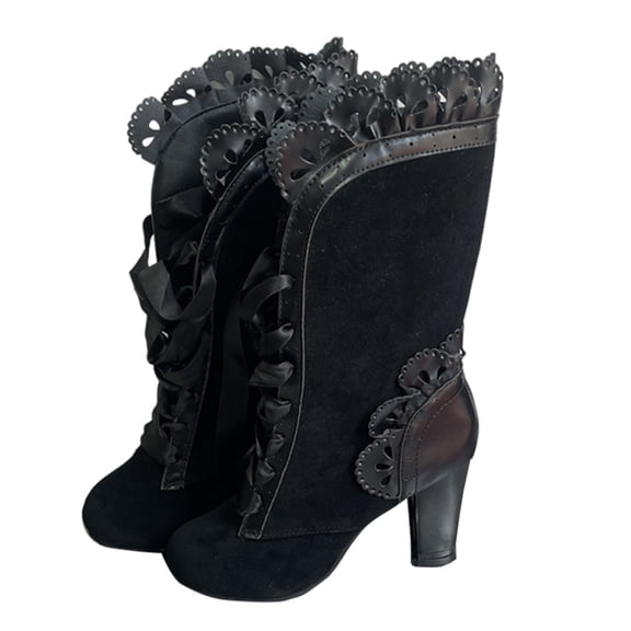 Black Women Knight Boots Pointed Toe Thick Heel Side Zipper High Shaft Pu Upper Winter Casual Fashion