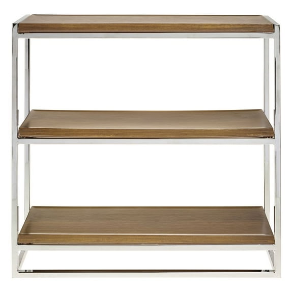 HUBERT 3-Tier Chrome Display Stand with Acacia Shelves