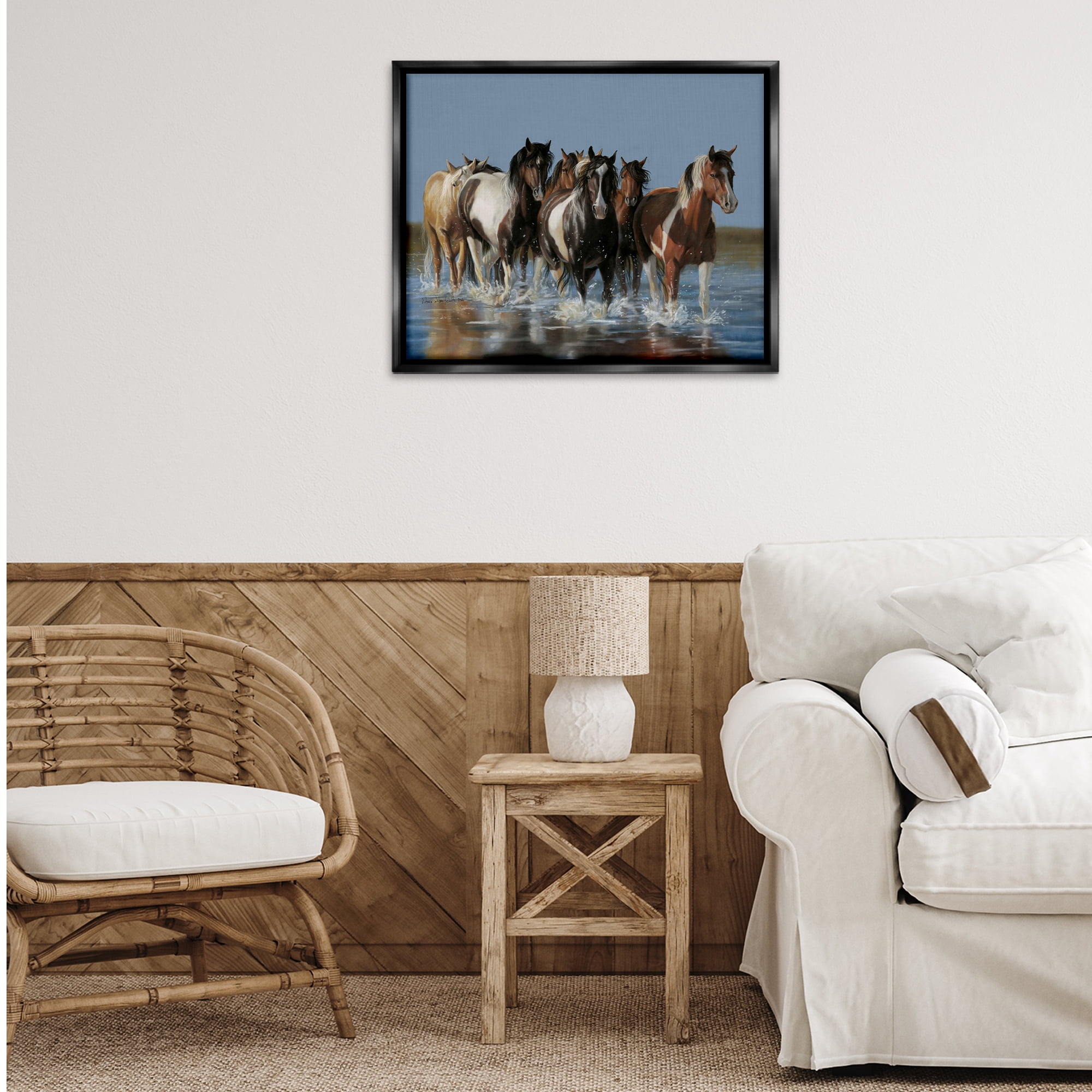 Stupell Industries Horses Running Through River Animals & Insects Painting Black Floater Framed Canvas Art Print Wall Art, 31 x 25