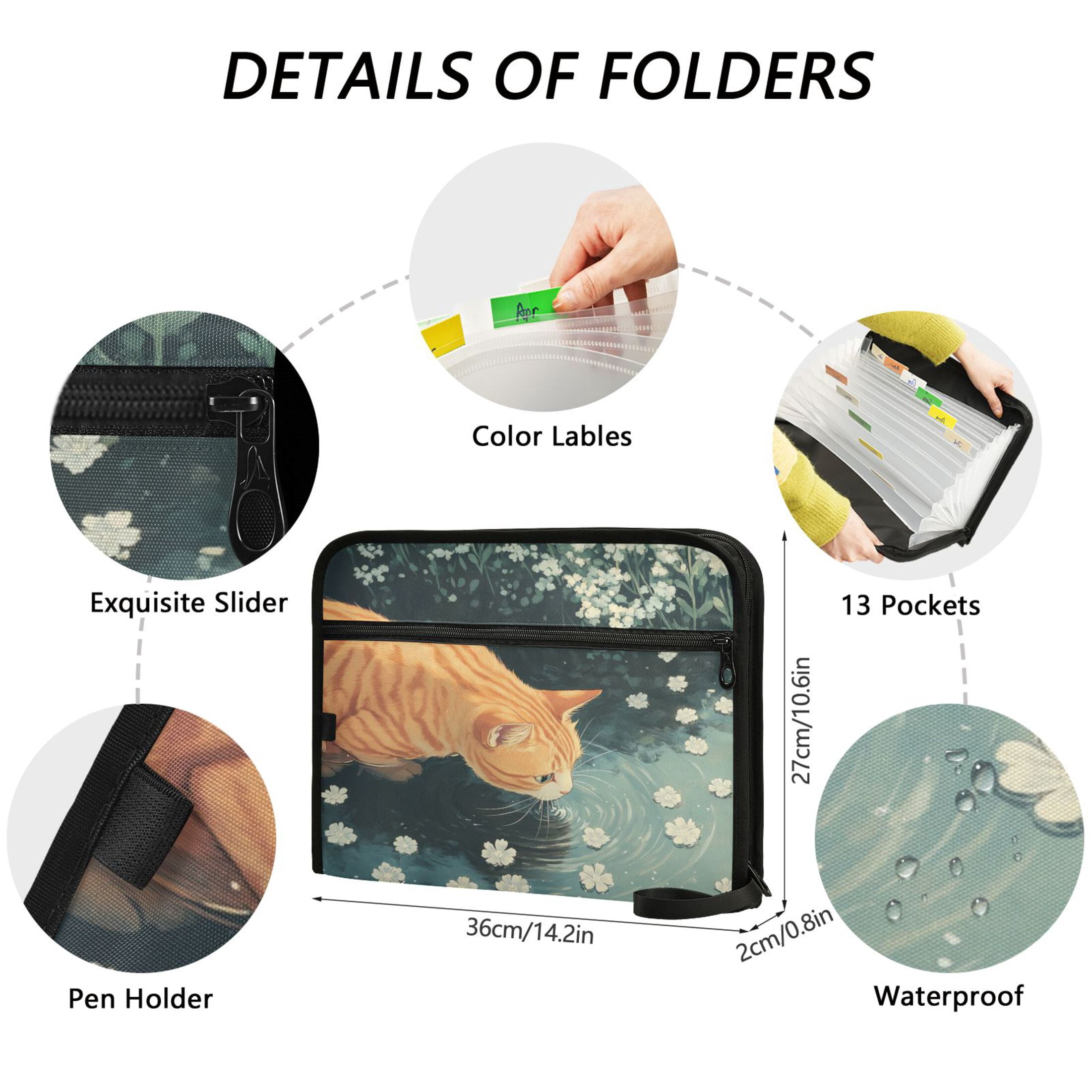 WOBOGO Orange Cat Expanding File Folder Letter Size Accordion Filing Organizer 13 Pocket Separate Organ Pocket