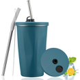 thumbnail image 1 of Stainless Steel Vacuum Insulated Travel Mug - 600ml, Blue | Double Walled Coffee Cup With Leakproof Lid - Reusable For Hot Cold Coffee | Thermal Mug With Non Slip Protective Cover, 1 of 5