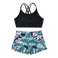 thumbnail image 4 of iixpin Kids Girls Gymnastics Dance Swim 2 Pcs Sets Crisscross Back Crop Top with Floral Shorts Quick Dry Tankini A-Black&Green 6, 4 of 4