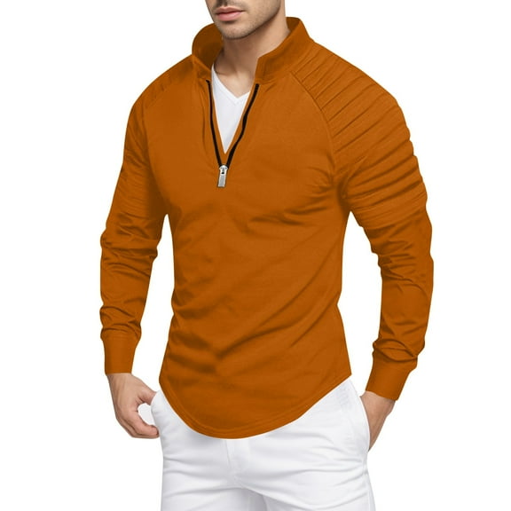 Rggeeun Men's Long Sleeve Polo Shirts Zipper Shirts For Male Slim Fit Shirt Casual Stretch Shoulder Pleated Zip Shirt Tops Golf Shirts For Men