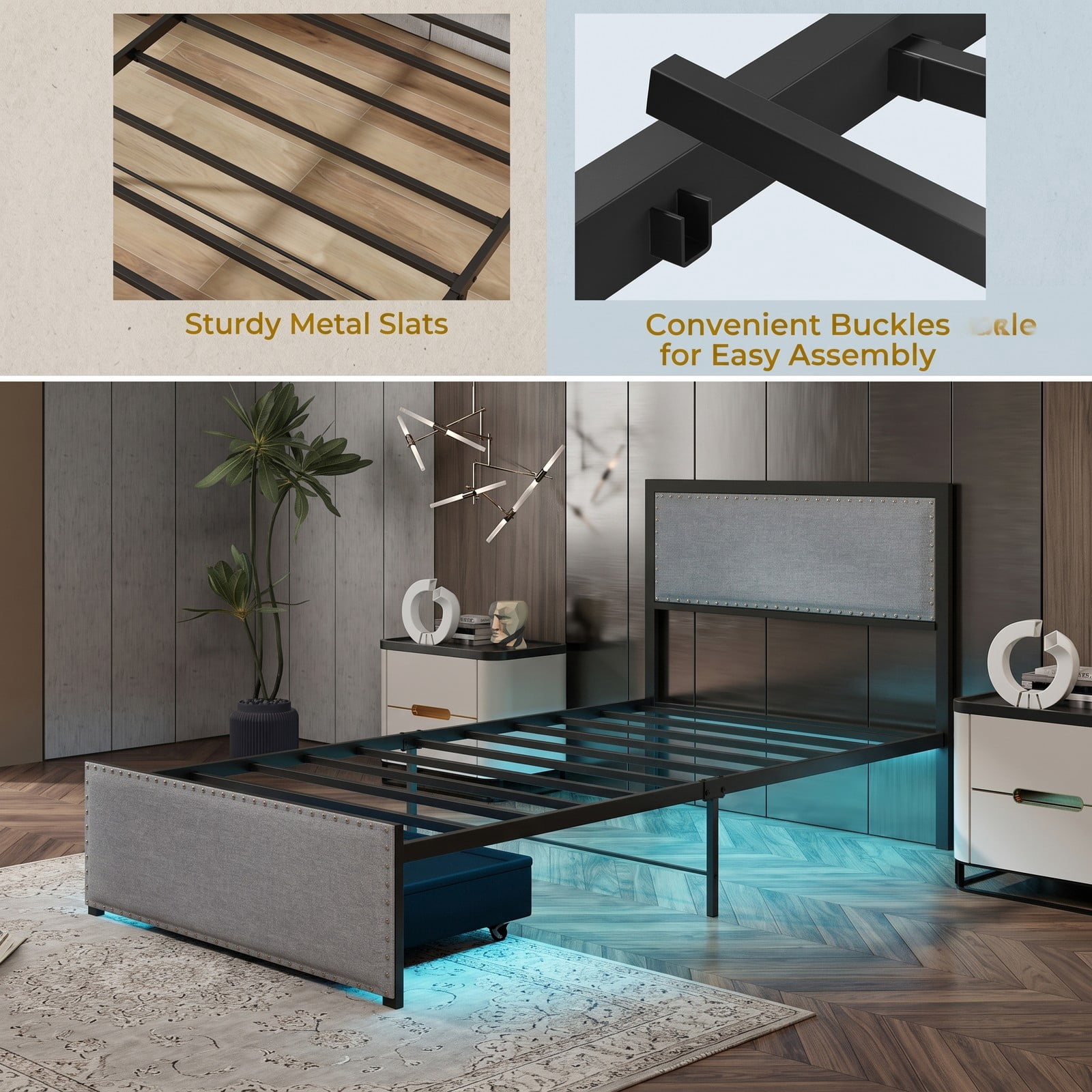 Furnibear Queen Bed Frame with Headboard, Metal Platform Bed with Upholstered Headboard, LED Lights and Storage Drawer, No Box Spring Needed, Gray