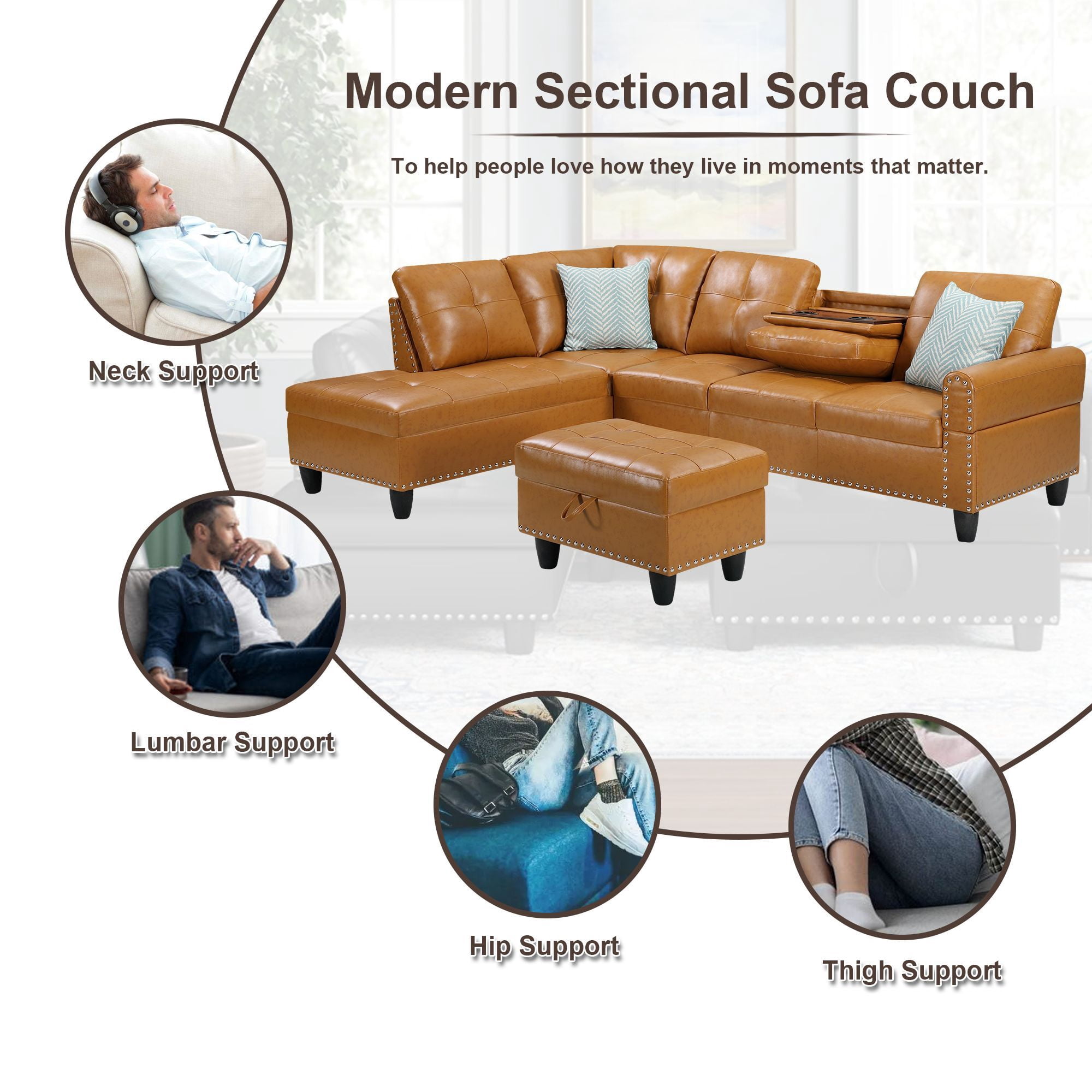 DEALTOPS L-Shaped Sectional Sofa Set with Storage Ottoman - Leather Upholsted Sofa Couch, Nailhead Trim, Yellow
