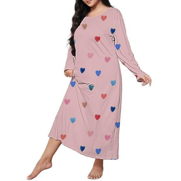 Womens Nightgowns Plus Size Casual Sleep Dress Women's Plus Heart Print Long Sleeve Round Neck Medium Stretch Loose Nightdress