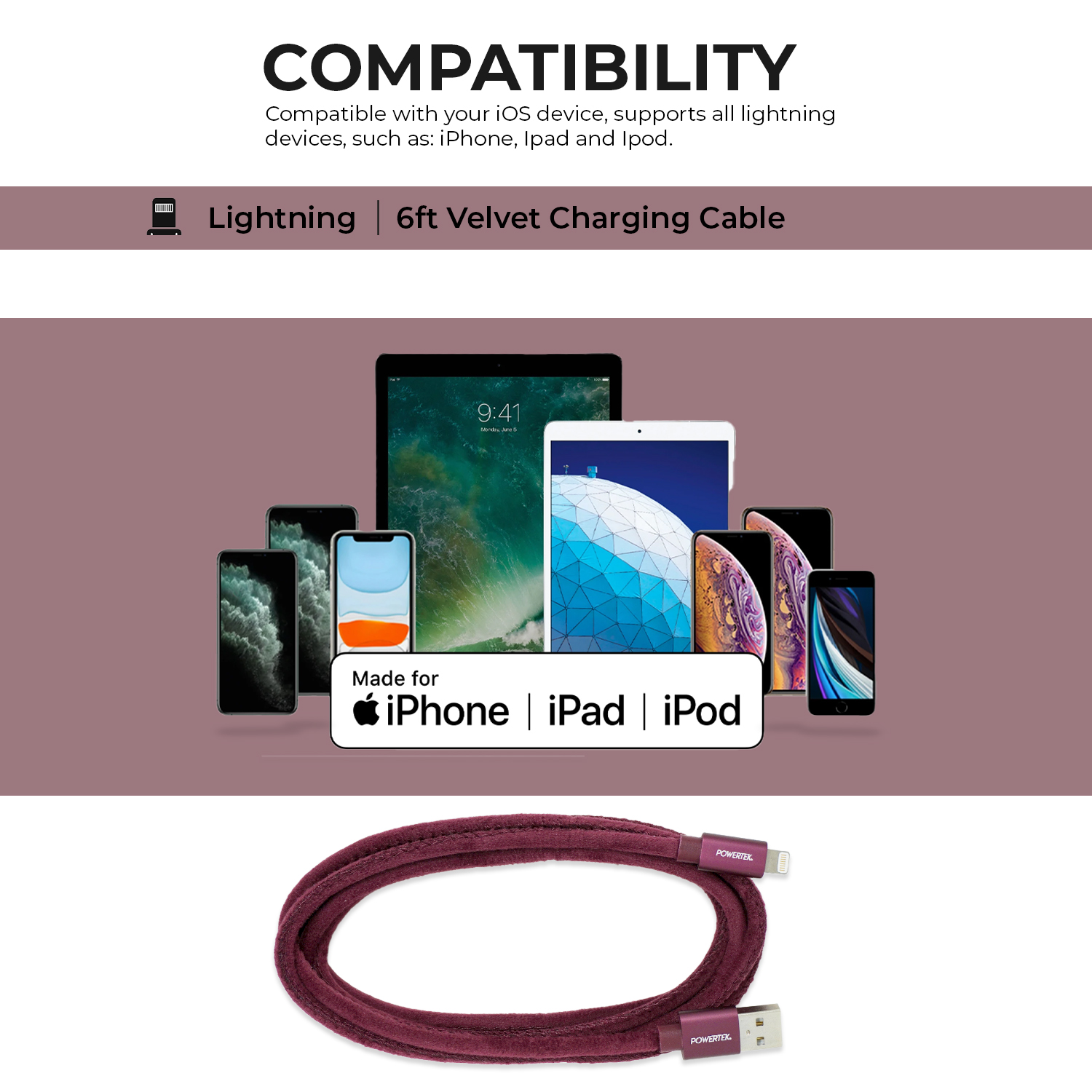 Liquipel Powertek Velvet Lightning Cable 6ft, MFi Certified photo 6