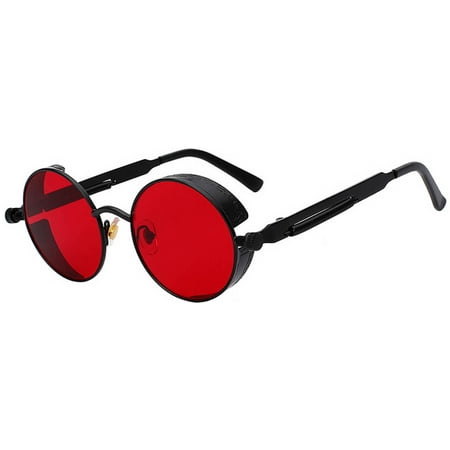 Steampunk Retro Gothic Vintage Black Metal Round Circle Frame Sunglasses Red Lens