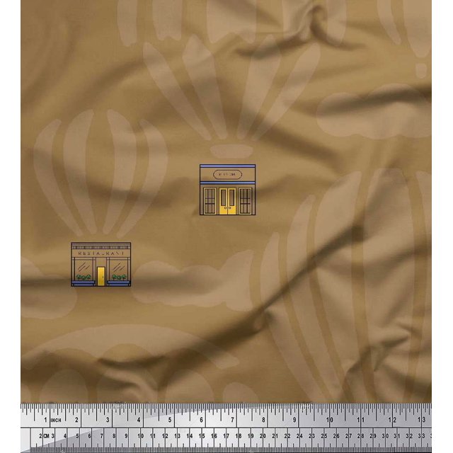 Soimoi Brown Poly Georgette Fabric Architectural Structure & Hot Air Balloon Holiday Print Sewing Fabric Yard 42 Inch Wide