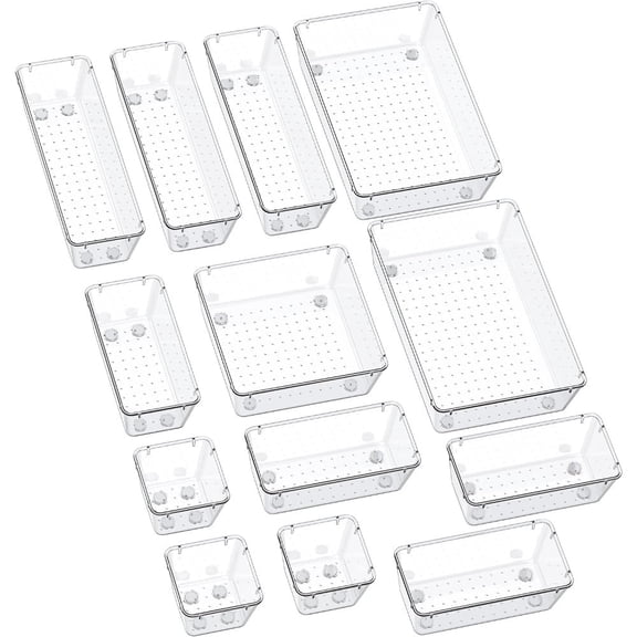 13-Piece Drawer Organizers with Non-Slip Silicone Pads, 5-Size Desk Bathroom Drawer Organizer Trays Storage Tray for Makeup, Jewelries, Utensils in Bedroom Dresser, Office and Kitchen, Clear