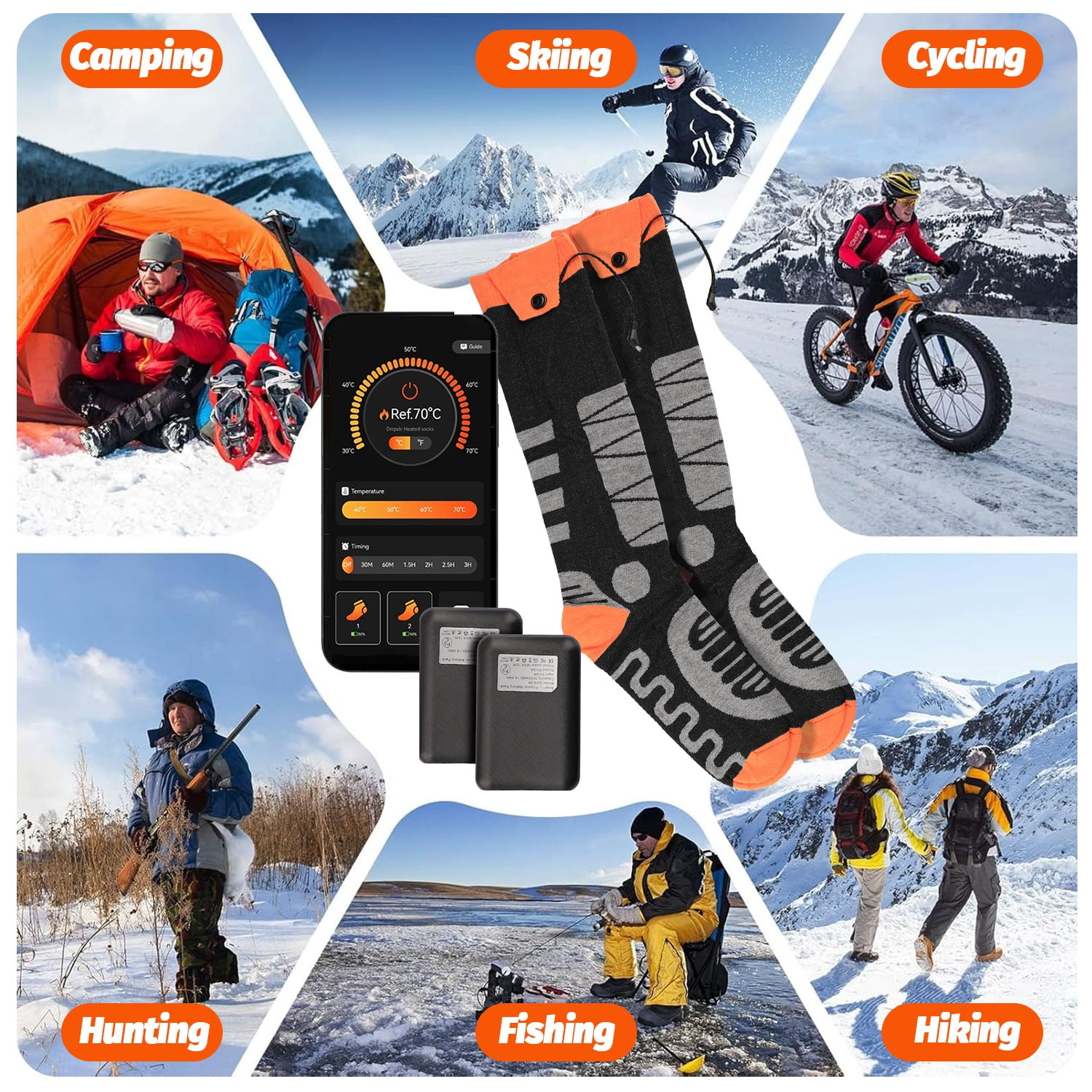 ASKITO Heated Socks for Men Women, APP Control 5000mAh Rechargeable Battery, Electric Heated Socks with 4 Heating Levels for Winter Outdoor Camping Motorcycle Skiing Foot Warmer