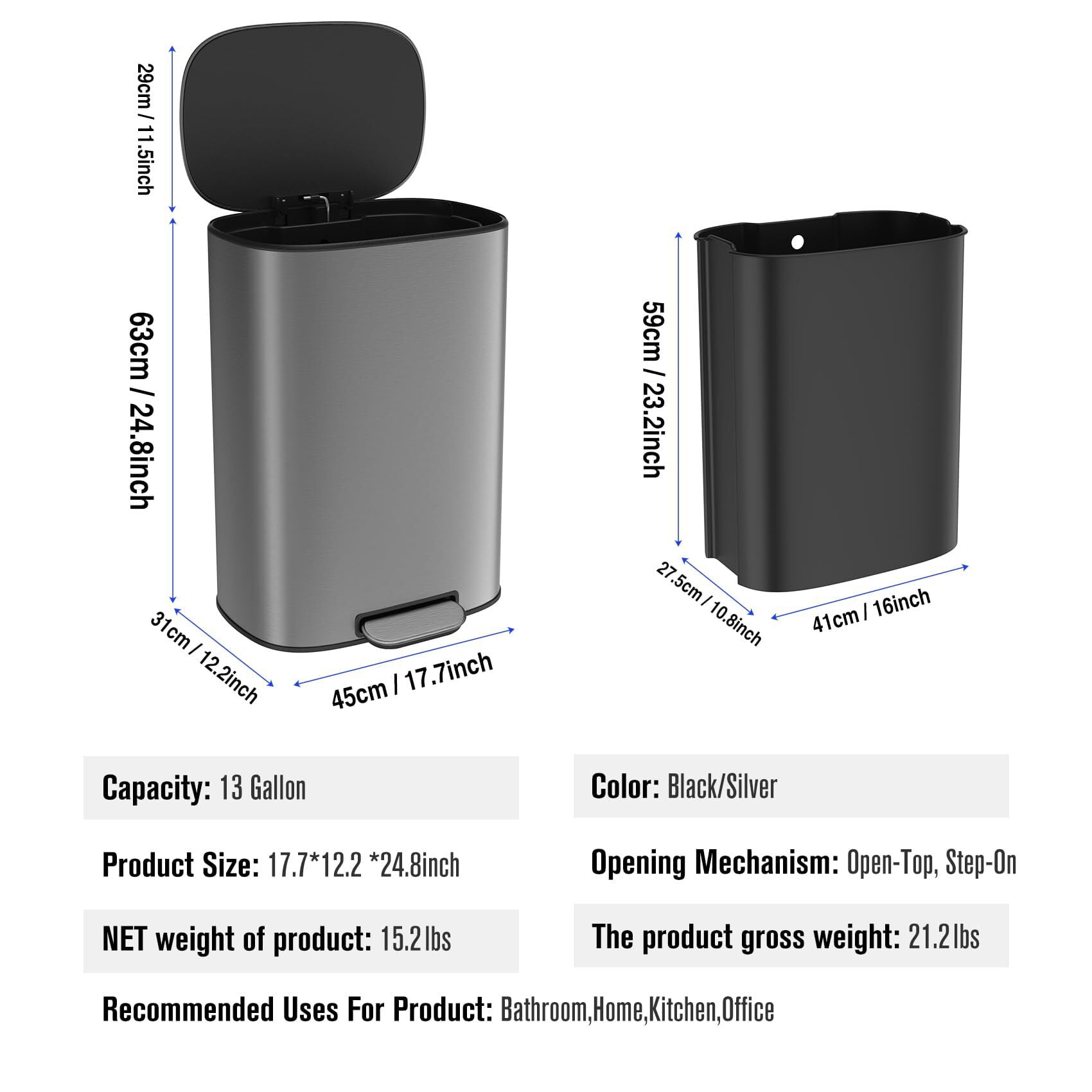 50 Liter/13.2 Gallon Step Trash Can with Inner Liner, Oval Garbage Can with Soft Close Quiet Lid, with 30 Garbage Bags for Kitchen/Home/Office and More - Stainless Steel Thickened Body （Silver Gray）