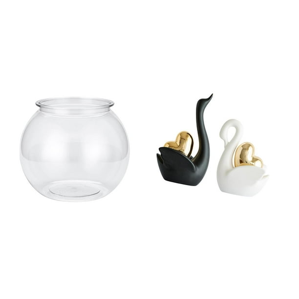 Acuario de escritorio,Pecera pequeña transparente,pecera,jarrón,mesa,Tanque de peces Contenedor de acuario transparente Hogar,estatua de cisne,Estatuas y figuras de cisnes de cerámica