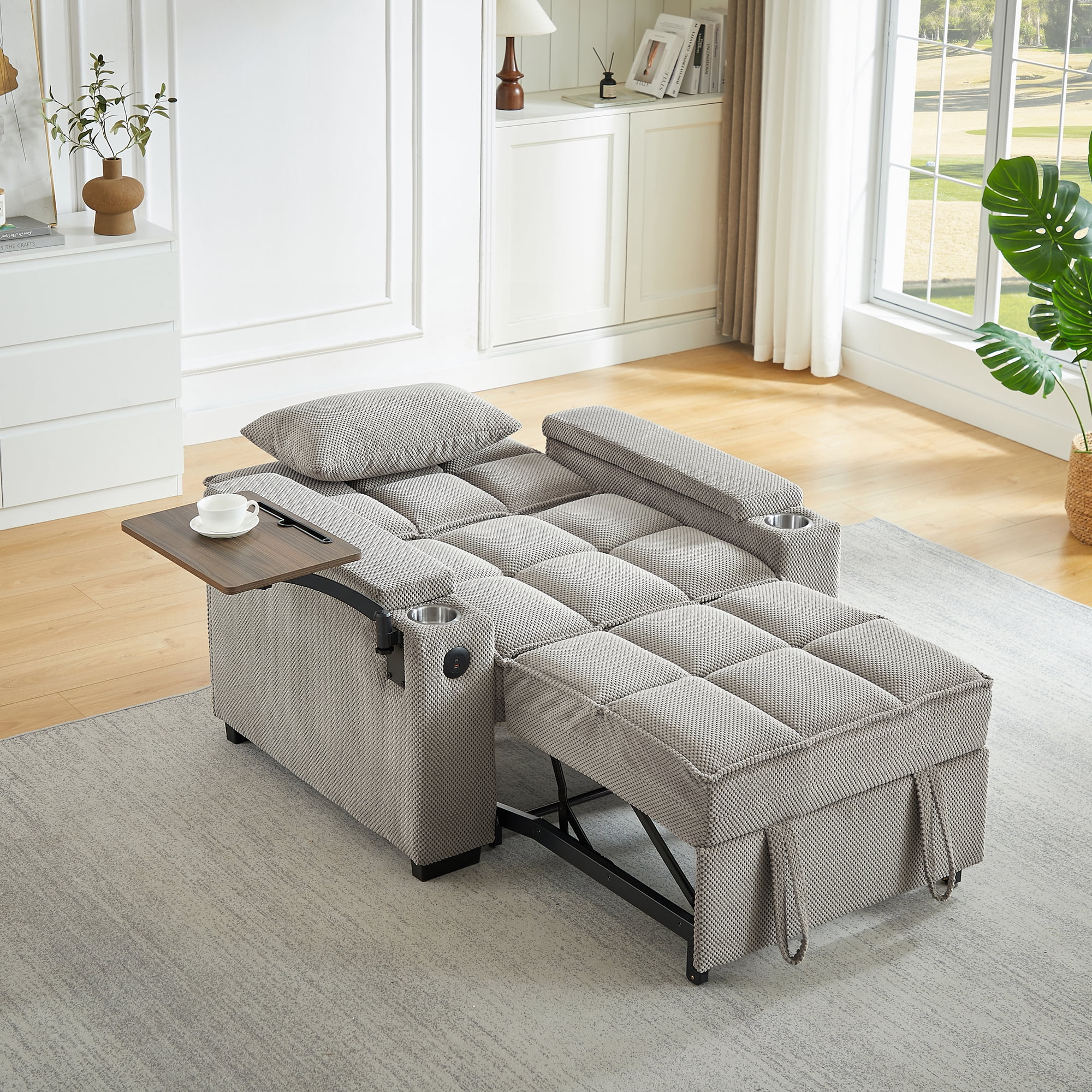 Gewnee 3-in-1 Convertible Sleeper Chair with Adjustable Backrest,Pull-Out Single Sofa Bed with Swivel Side Table & USB Ports & Cup Holder,Perfect for Dorms,Offices.Khaki
