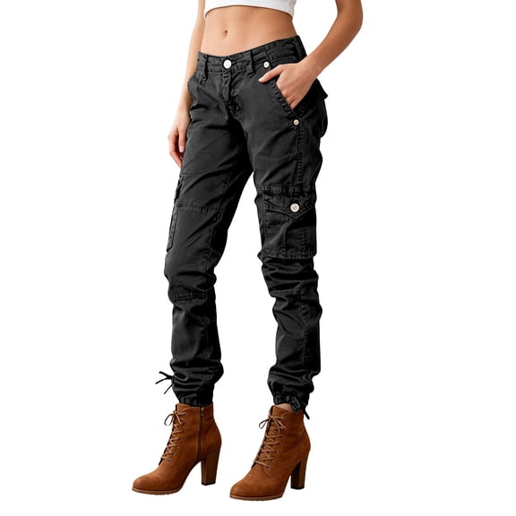 Glisme Trousers For Women Solid Color Zip Front With Pockets Summer Comfortable Women Cargo Pants Size L Black