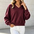thumbnail image 2 of Hurxie Womens V Neck Cropped Sweatshirt Casual Pullover Tops Cropped Length with Chest Pocket Drop Shoulder Casual Fall Style Wine,M, 2 of 6