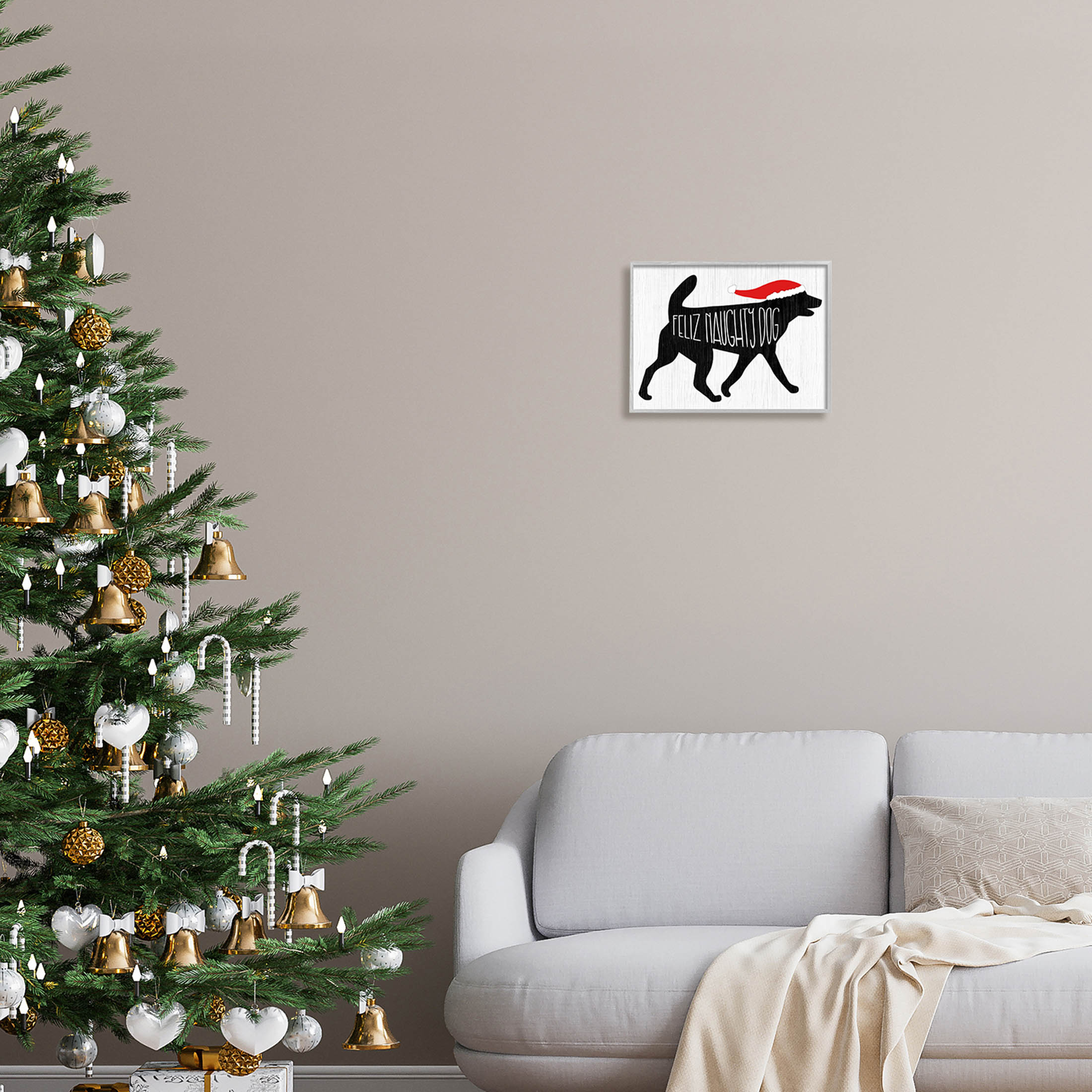 Feliz Naughty Dog Funny Pet Holiday Graphic Art Gray Framed Art Print Wall Art