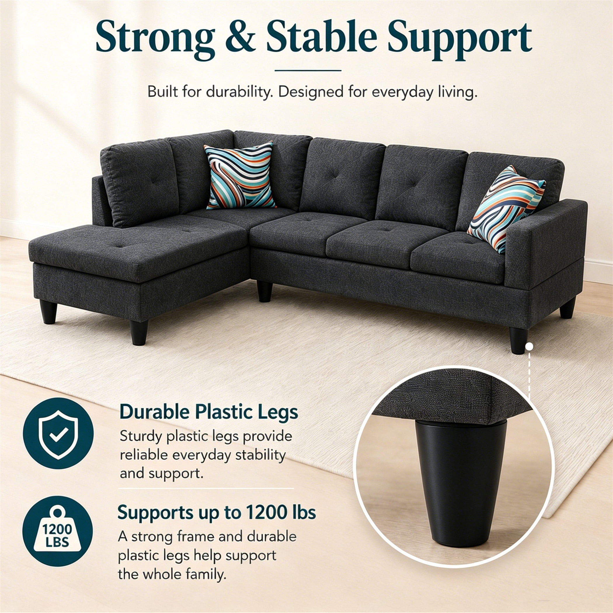 Aukfa 97" Classic Sectional Sofa 4 Seat L shape Couch for Living Room, 2Pillows, Oversized Left Chaise, Linen, Black Gray