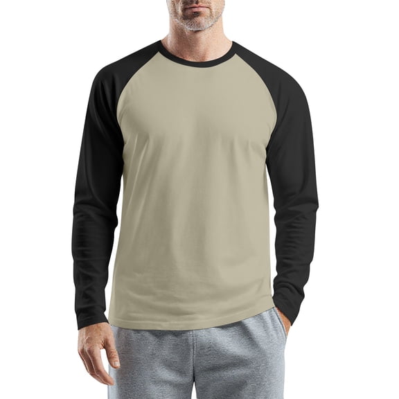 WTOBBY Men's Round Neck Color Block Raglan Long Sleeve T-Shirt Top Contrast Casual Shirt for Everyday Wear and Stylish Outfits,Beige L