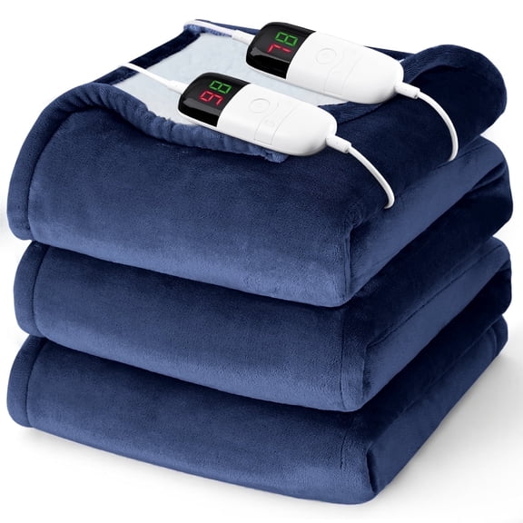 PMONPA Electric Heated Blanket, Flannel & Sherpa Heating Blanket for Adult, Fast-Heating with 10 Heat Levels 5 Time Settings (85"x91", Blue)