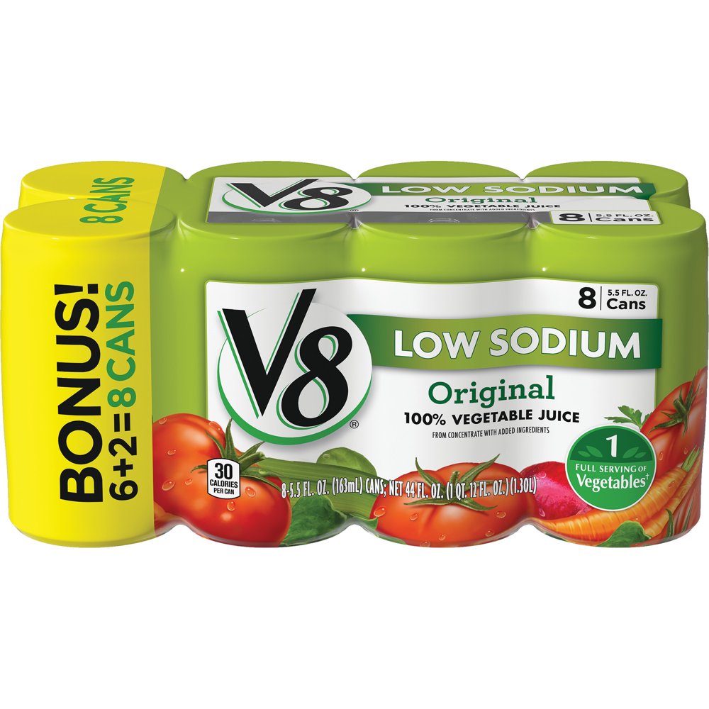 V8 Low Sodium 100 Vegetable Juice, 5.5 oz. Can (Pack of 8) Walmart