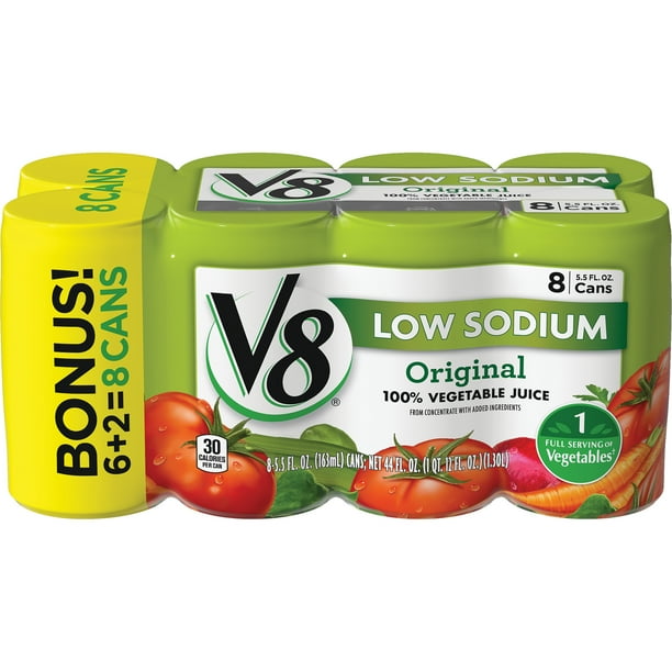 V8 Low Sodium 100 Vegetable Juice, 5.5 oz. Can (Pack of 8) Walmart