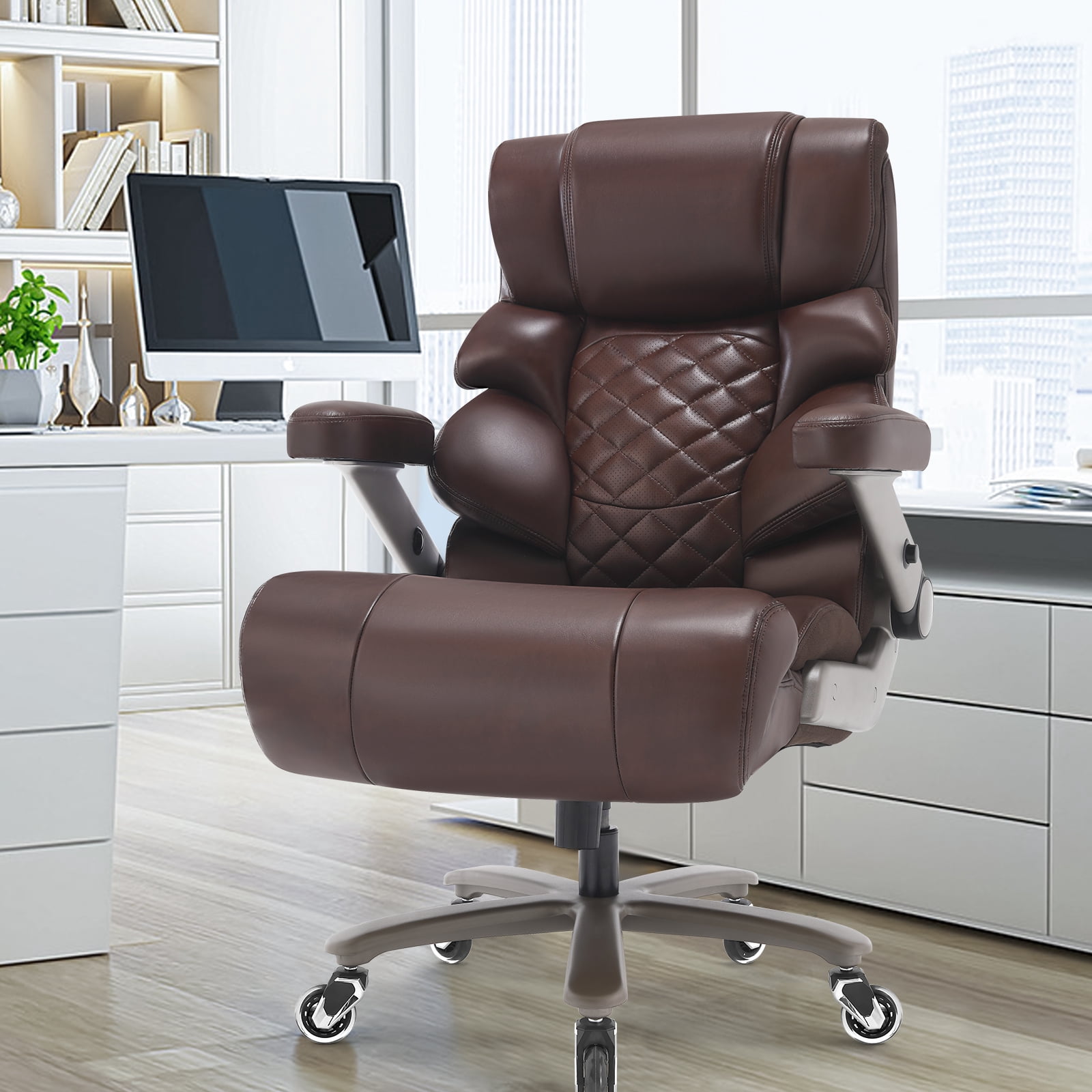 WOSDOM Big and Tall Office Chair 700lbs, Large High Back Executive Chair with Extra Wide Seat, Heavy Duty Rocking Computer Chair, 3D Flip Arms, Adjustable Lumbar Support, Brown