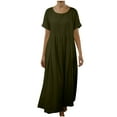 thumbnail image 3 of Horkkom Linen Dress Women Summer Short Sleeve Maxi Dress Casual Loose Flowy Pleated Dresses Crew Neck Solid Color Long Dresses L, 3 of 6