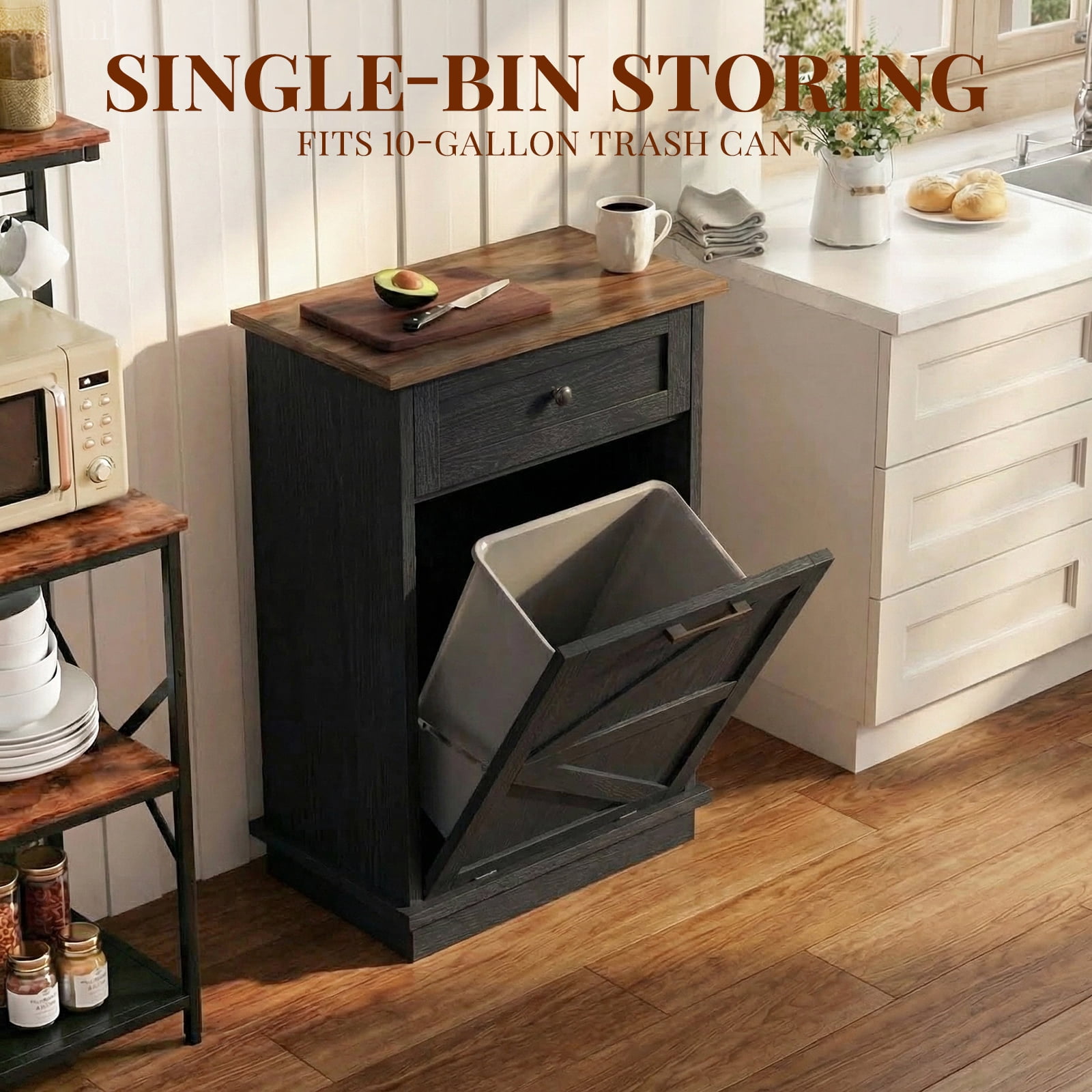 Leumius Tilt Out Trash Can Cabinet, 10-Gallon Farmhouse Hidden Garbage Cabinet with Drawer, Dog Proof Wooden Storage for Kitchen, Laundry, Living Room