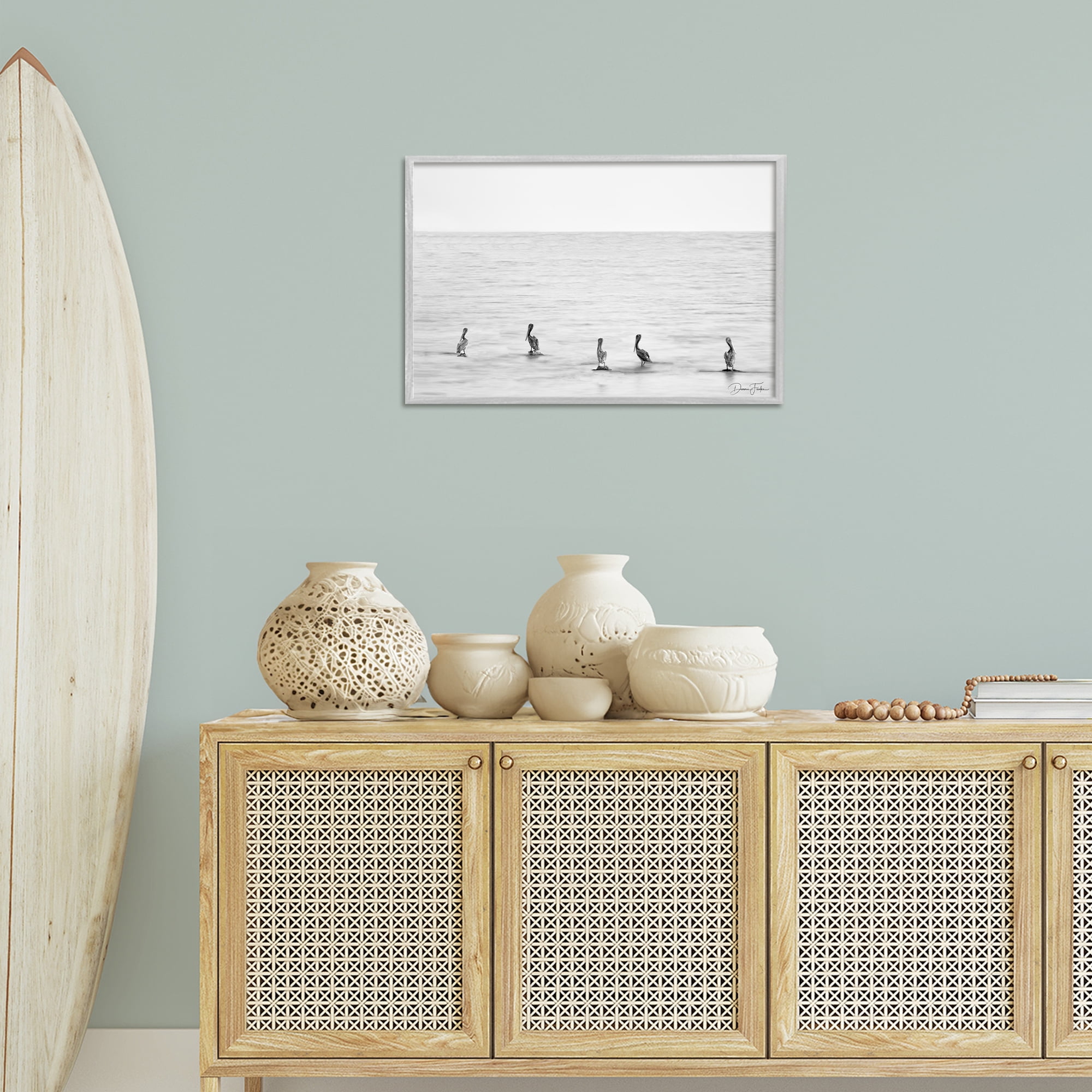 Stupell Industries Pelicans on Shore Landscape Photography Gray Framed Art Print Wall Art, 24 x 16