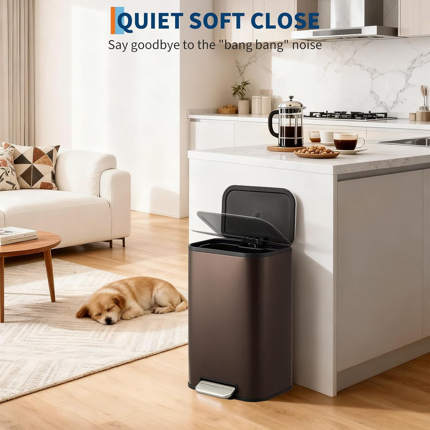 Bathroom Trash Can, 3.2 gal Stainless Steel Garbage Can with Lid, Rectangular Small Step Waste Bin with Foot Pedal & Removable Inner Bucket for Kitchen Bedroom Restroom (Matte Brown)