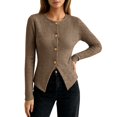 thumbnail image 3 of Women's Round Neck Slim Fitted Button Up Long Sleeve Ribbed Knit Cardigan Sweater Jacket, Lightweight Soft Skin-Friendly Business Casual Work Layering for Fall Winter Daily Coffee, 3 of 5