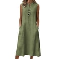thumbnail image 2 of Mceream Robes en Lin pour Femmes Grande Taille2026 Bouton Bohème Col en V Sans Manches Robe Midi Gaze de Coton Robe Droite Robe d'Été de Plage avec Poches Vert Armée P, 2 of 7