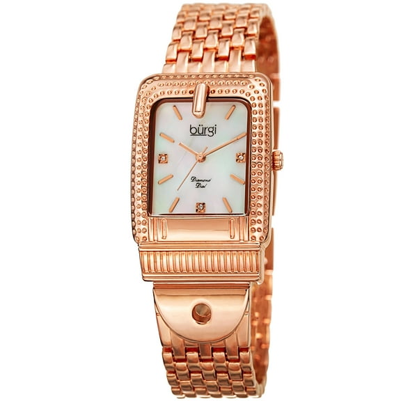 Women's Diamond Dial Rectangular Buckle Design Dimpled Rose-Tone Bracelet Watch