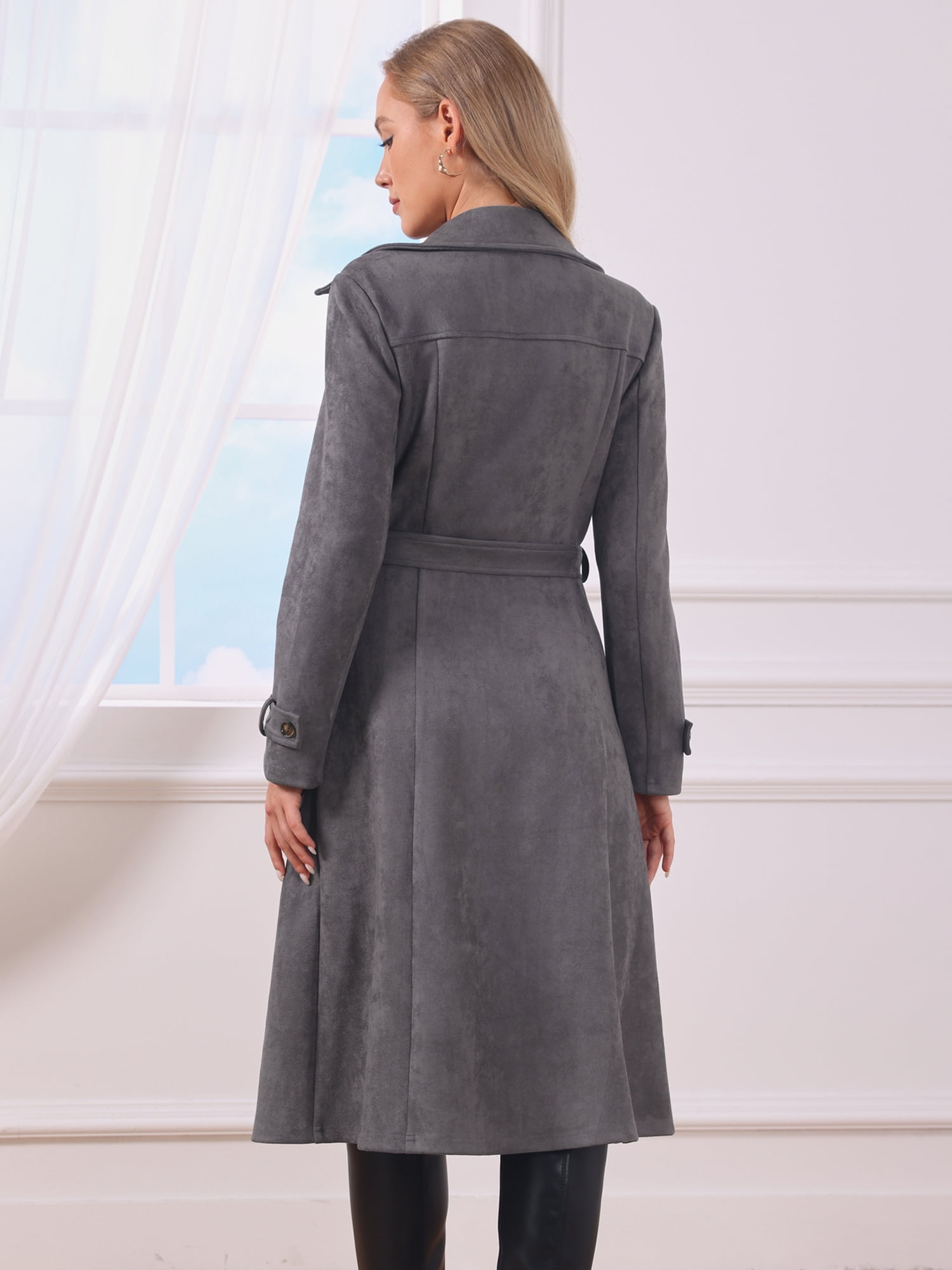 DARING DIVA Women's Long Faux Suede Jacket Fall Winter Trench Coat with Pockets XL Gray