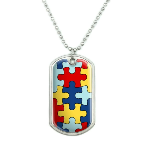 Autism Awareness Diversity Puzzle Pieces Military Dog Tag Pendant Necklace with Chain