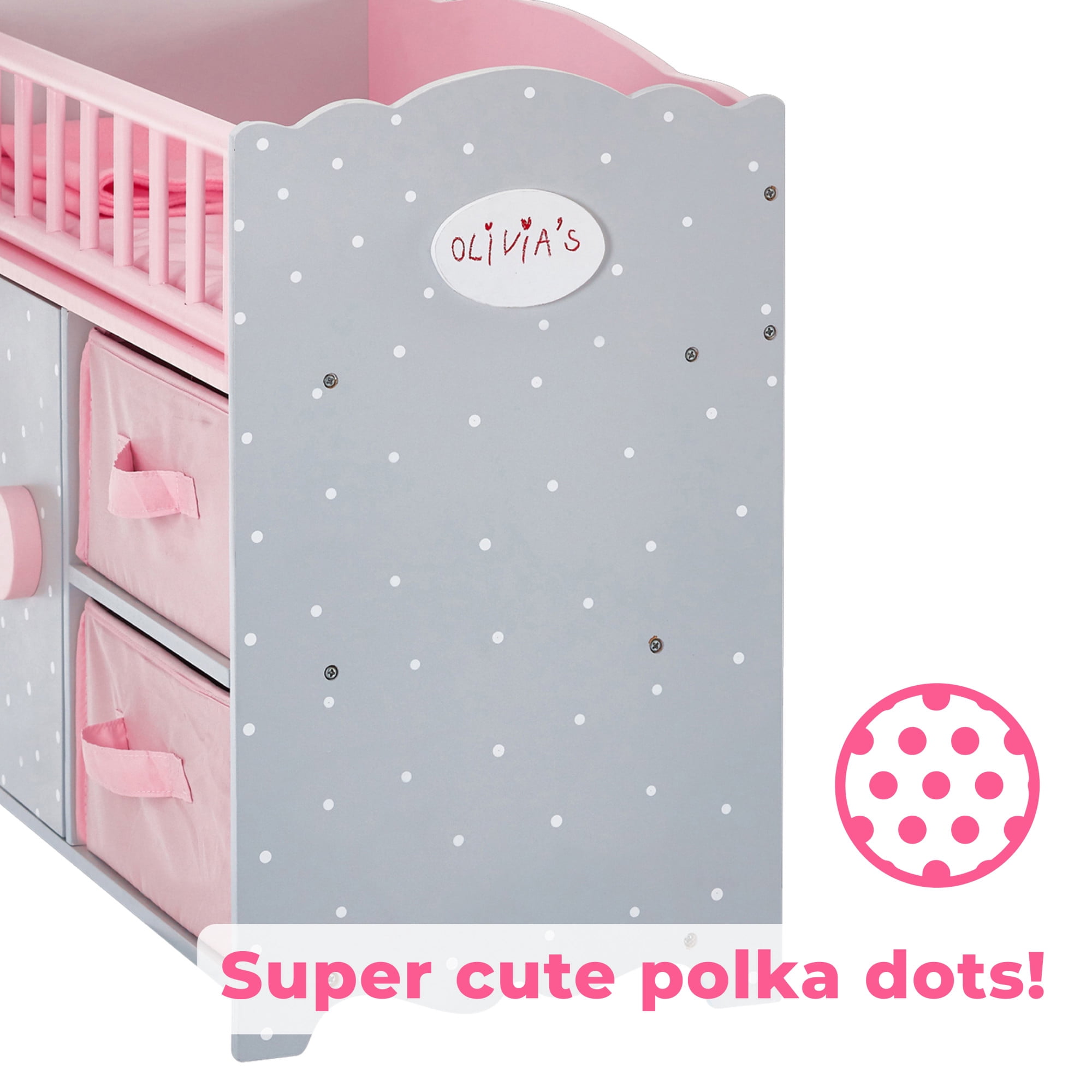 Olivia's Little World Wooden Baby Doll Crib + Under-the-Crib Storage, Pink/Gray