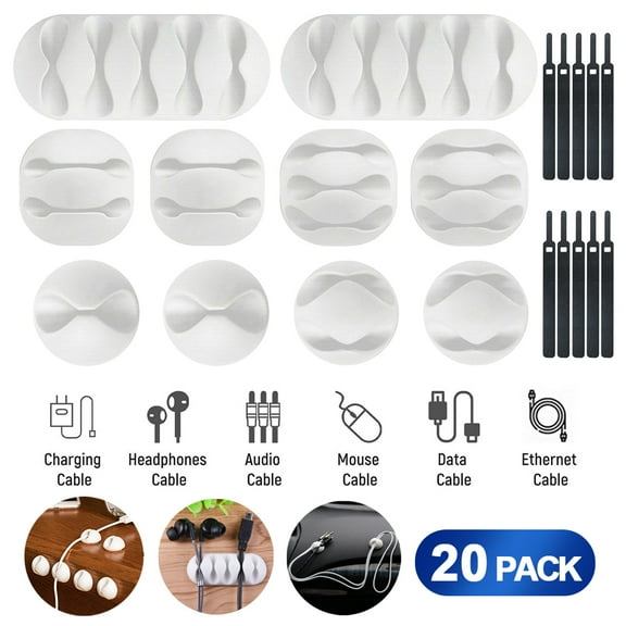 10 Pcs Cable Reel Organizer with 10 pcs Reusable Cable Ties Cord Management Charger Desktop Clip Wire Holder - White