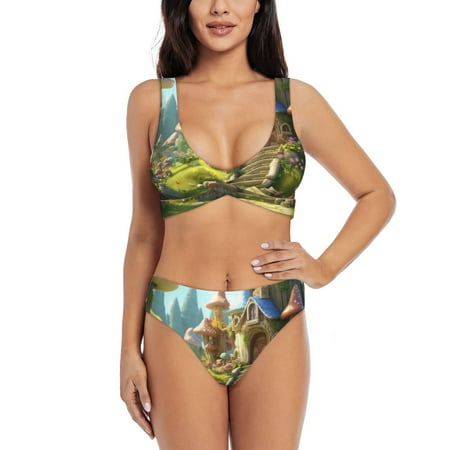 Zeuib Cute Mushroom Town A High Waisted Tummy Control Bikini Set - Knot Front Push Up Top & Cheeky Thong Bottom  Two-Piece Swimsuit for Women-X-Large